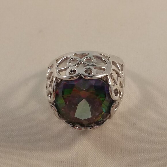 925 Silver White Gold Filled Carved Flower Mystical Rainbow Diamond Zircon Ring